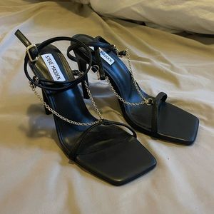 Steve Madden black stiletto heels with chain and ankle strap